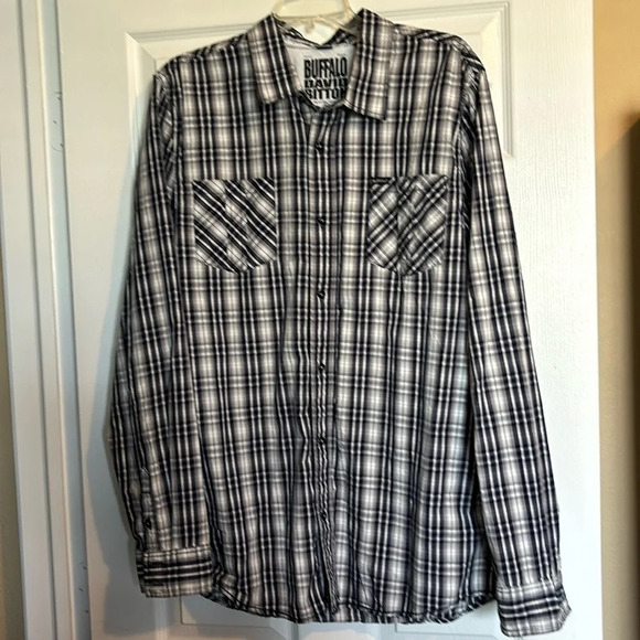 Buffalo David Bitton men’s white and blue plaid long sleeve button down shirt - Picture 1 of 9